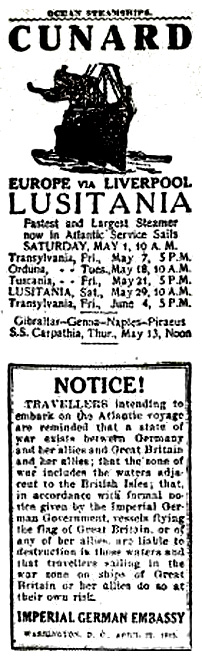Newspaper notice about the Lusitania
