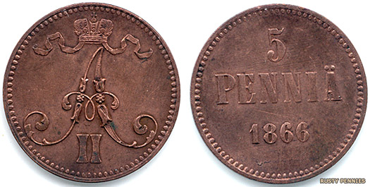 1865 five pennia coin