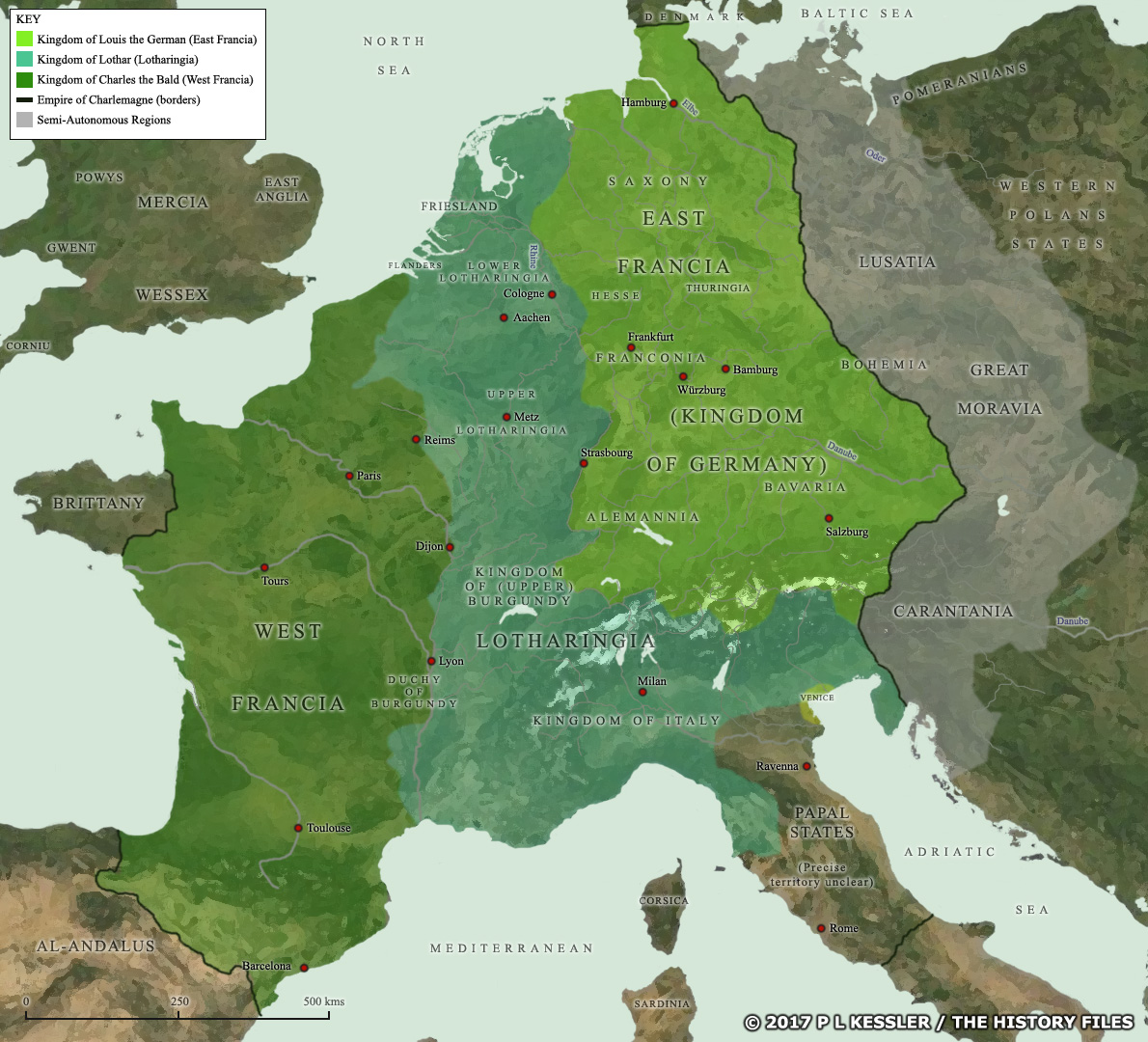 Map of the Frankish empire at the Treaty of Verdun in AD 843