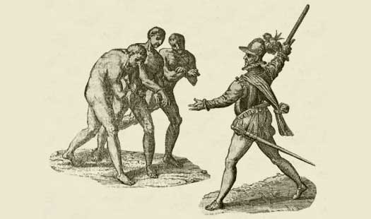 Spanish conquistador and native slaves