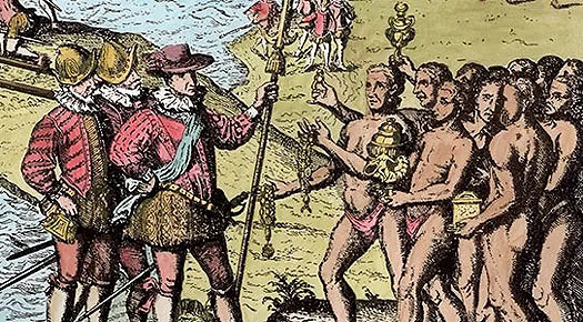 Christopher Columbus encounters Taino native peoples