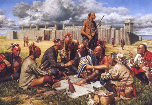 Iroquois warriors rest outside a British fort