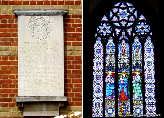Wall plaque and stained glass window inside the chapel of the Faversham Almshouses