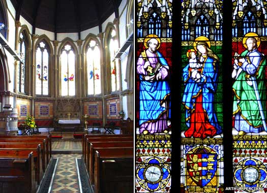 Nave and stained glass window inside the chapel of the Faversham Almshouses