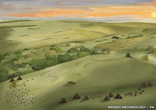 Artist's recreation of Bulford Henge in Wiltshire