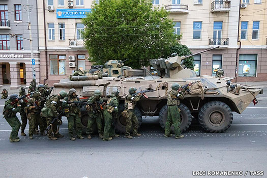 Wagner troops and armoured vehicle in Rostov-on-Don
