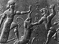 King Gilgamesh, commemorated in stone, kills a lion